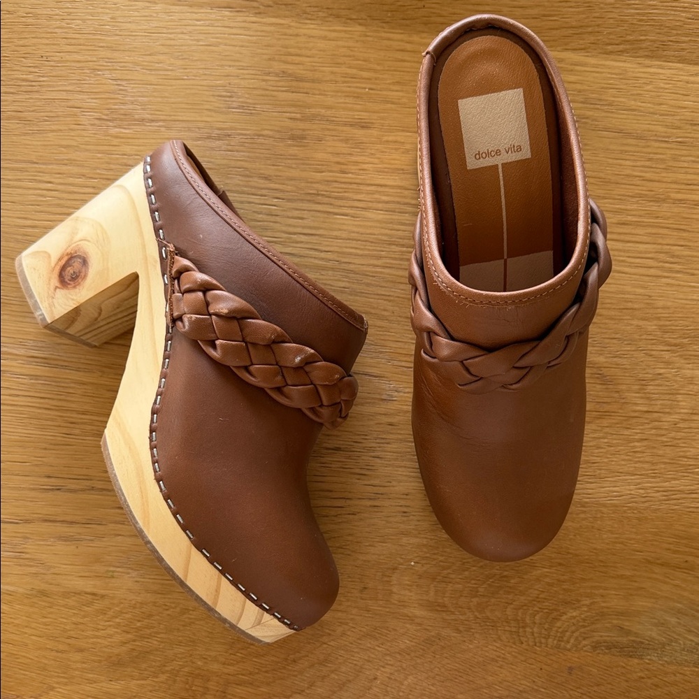 Dolce Vita Tan Leather Braided Clogs